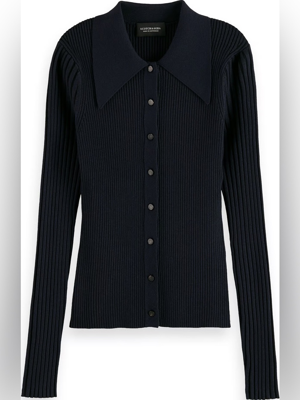 Scotch & Soda Navy Slim Fit Ribbed Button-Up Cardigan with Pointed Collar